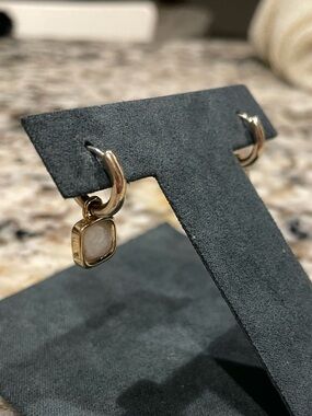 Anthropologie Reversible Gold Hoop Pendant Earrings with Stone Square Inlay